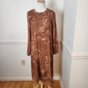 Wilfred Daydreamer Midi Dress XS Womens Pleated Brown Tan Ethereal Chiffon Boho